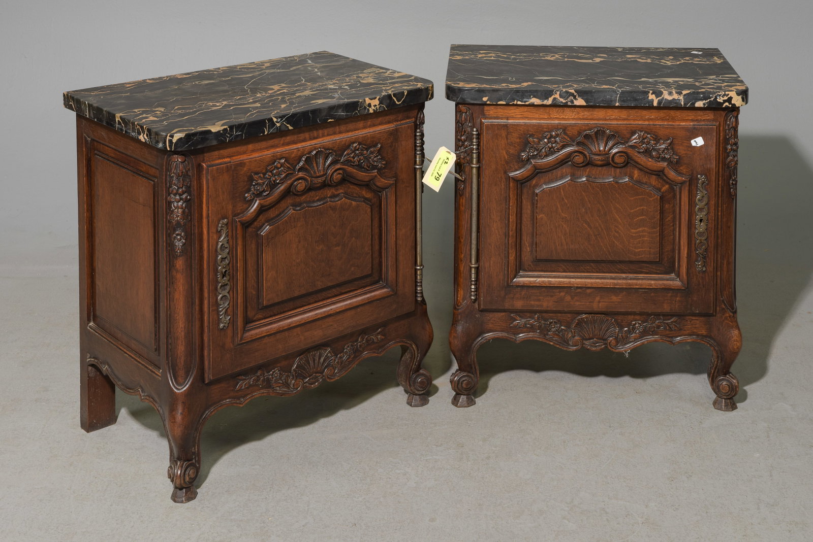 Louis XV Style Pair of Marble Top Nightstands: French Louis XV Style Pair of Marble Top Nightstands / Bedsides - 25.5 in tall x 23 x 15.5 each