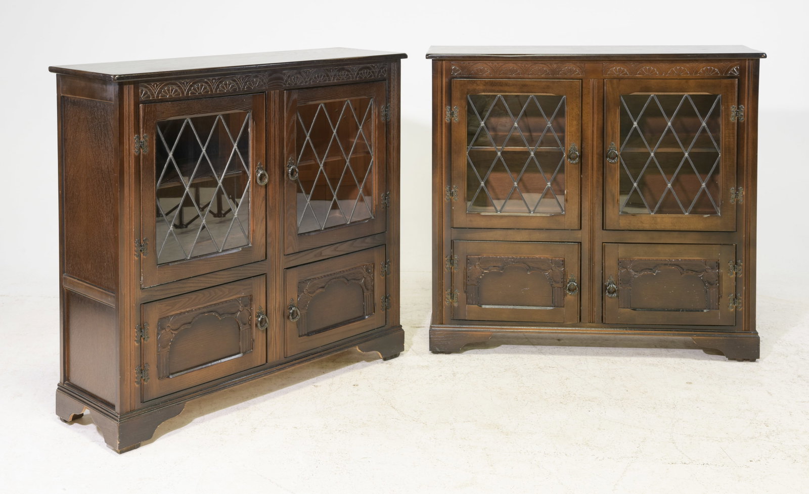British Oak Leaded Glass Pair of Bookcases: British Oak Leaded Glass Pair of Bookcases / Cabinets - 39 in tall x 42 x 13 each