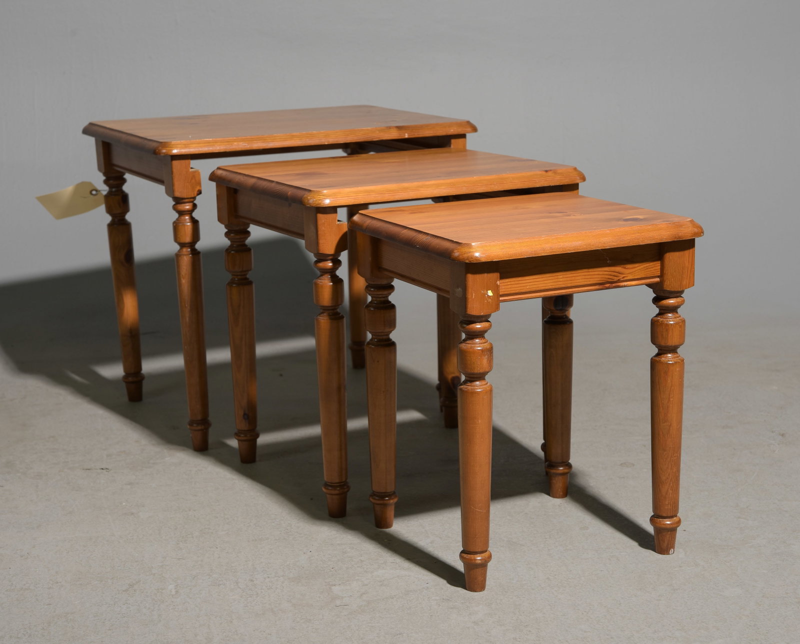 British Pine Nest of Three Tables: British Pine Nest of Three Tables - 19 in tall x 22 x 17, 18 in tall x 17.5 x 15 and 17 in tall x 13.5 x 13