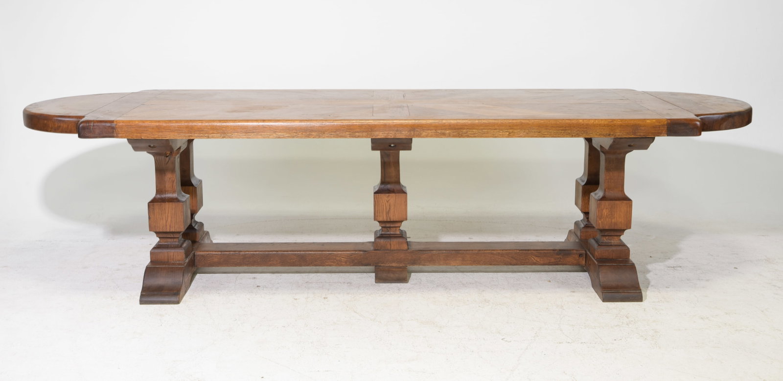 French Large Solid Heavy Oak Monastery Table: French Large Solid Heavy Oak Monastery Table - 30 in tall x 118 x 39.5, Floor to under is 26.5 inches and the space between the legs is 65 inches