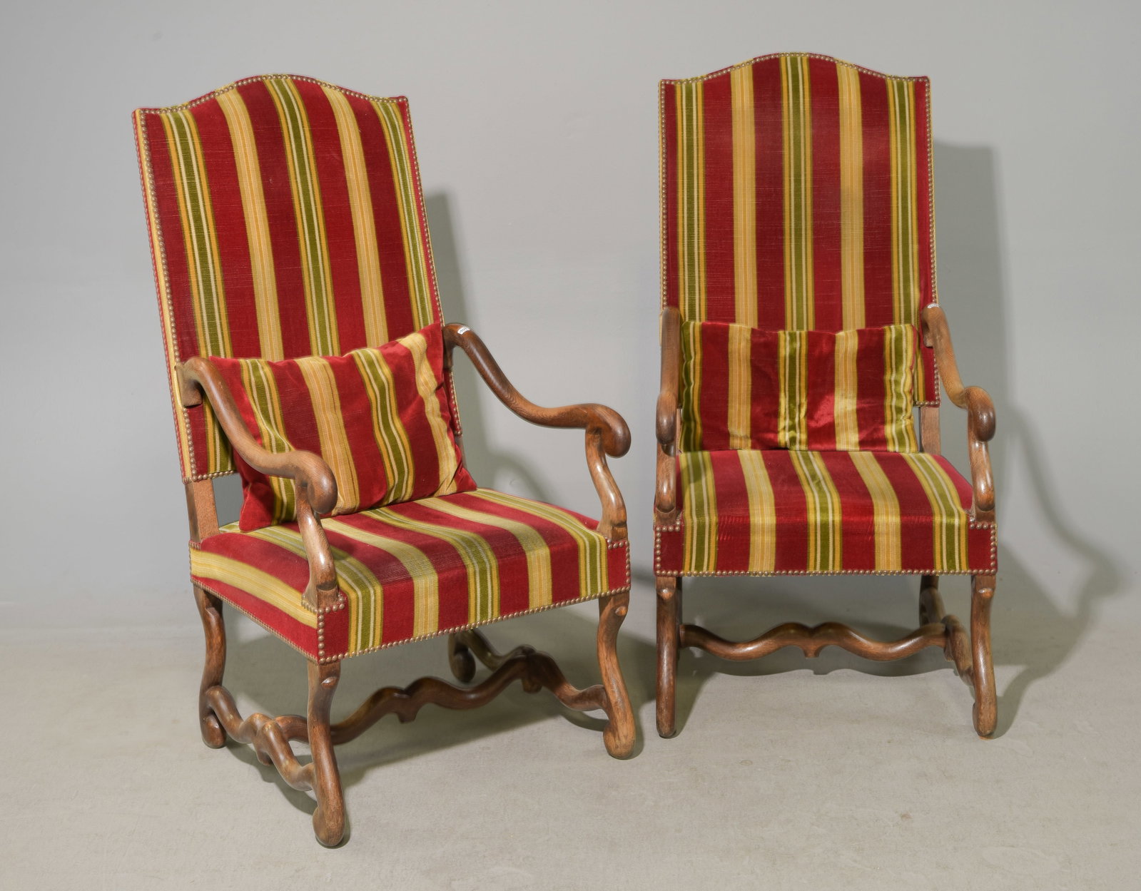 French Mouton Style Pair of High Back Arm Chairs: French Mouton Style Pair of High Back Fireside Arm Chairs - 47.5 in tall x 28 x 23 each with a seat height of 17 inches