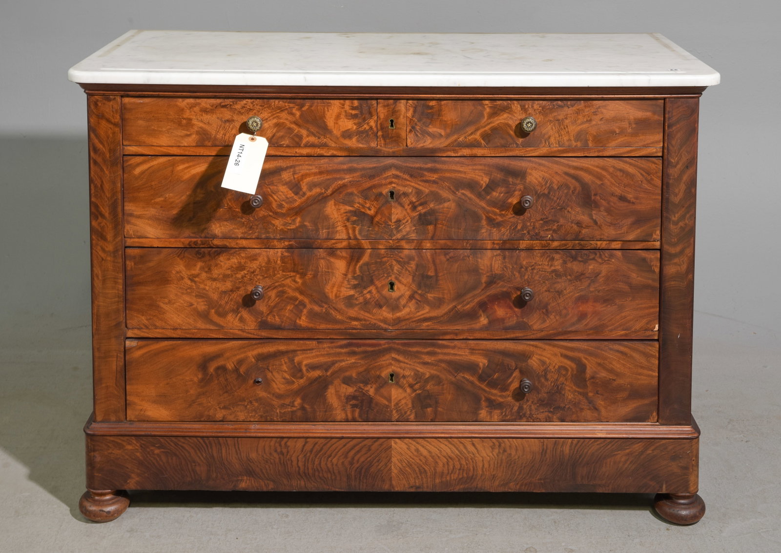 French Figured Mahogany Marble Top Chest: French Figured Mahogany White Marble Top Four Drawer Chest - 33.5 in tall x 47 x 21
