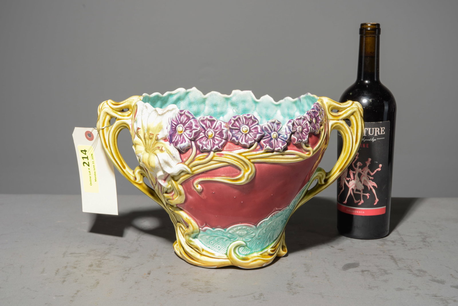 Onnaing Majolica Jardiniere / Planter #1: French Onnaing Majolica Jardiniere / Planter with Floral Motif - 8.5 in tall x 13.5 x 9.75