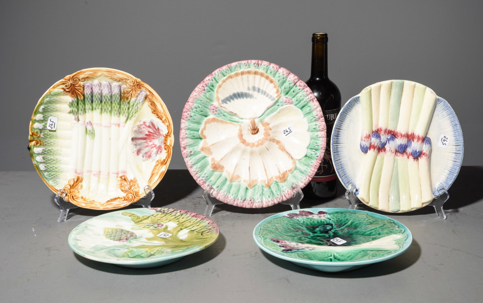 Five Assorted French Majolica Plates: Five Assorted French Majolica Plates - 1.75 in tall x 10 inch diameter