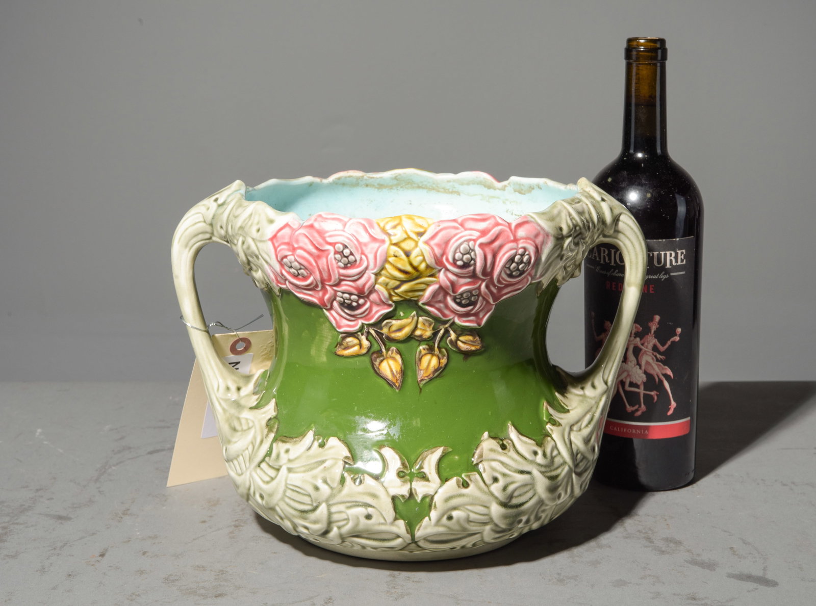 Onnaing Majolica Jardiniere / Planter #3: French Onnaing Majolica Jardiniere / Planter with Floral Motif - 8 in tall x 12 x 9