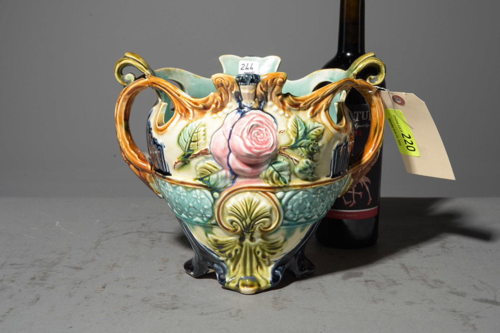 Onnaing Majolica Jardiniere / Planter #4: French Onnaing Majolica Jardiniere / Planter with Floral Motif - 9.25 in tall x 11.5 x 9.25