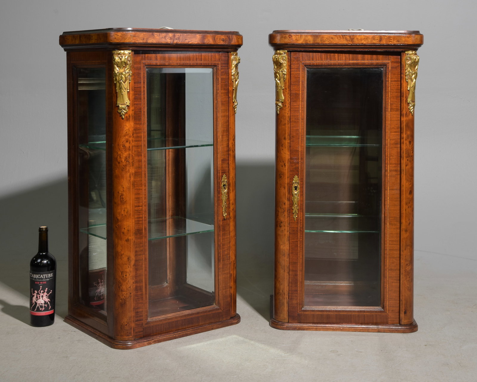 2 Louis XVI Style Vitrines / Display Cabinets: 2 French Louis XVI Style Vitrines / Display Cabinet with Gilded Ormolu Accents - Could be use on counter top - 36 in tall x 18.5 x 15 each