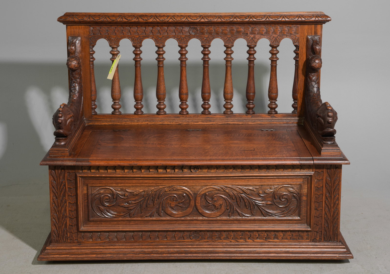 British Carved Oak Dolphin Hall Bench c.1920's (1 of 6)