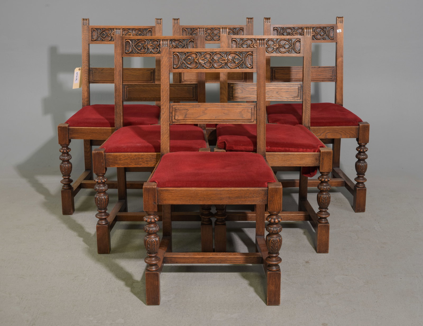 Renaissance Style Set of 6 Carved Oak Chairs: French Renaissance Style Set of 6 Carved Oak Chairs - 37 in tall x 20 x 18 each with a seat height of 18.5 inches