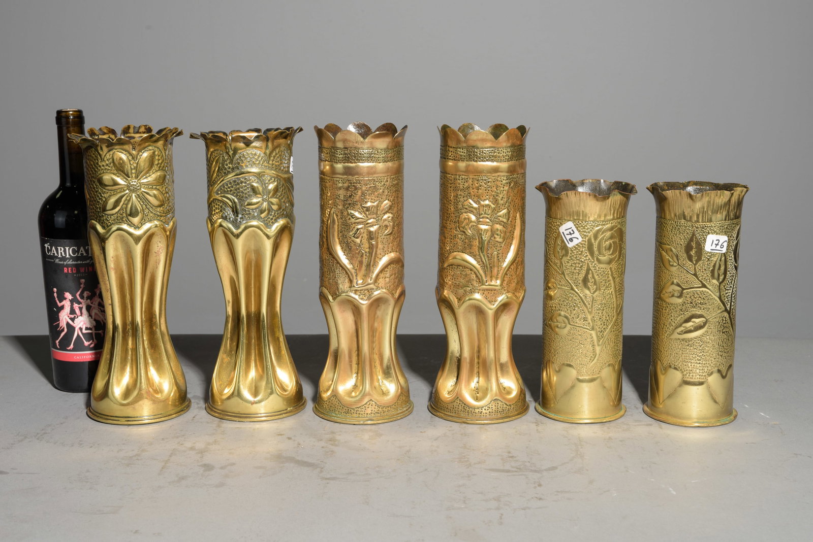 3 Pairs of Brass Trench Art Vases #3: 3 Pairs of Brass Trench Art Vases - 11 in tall x 4.25 inch diameter