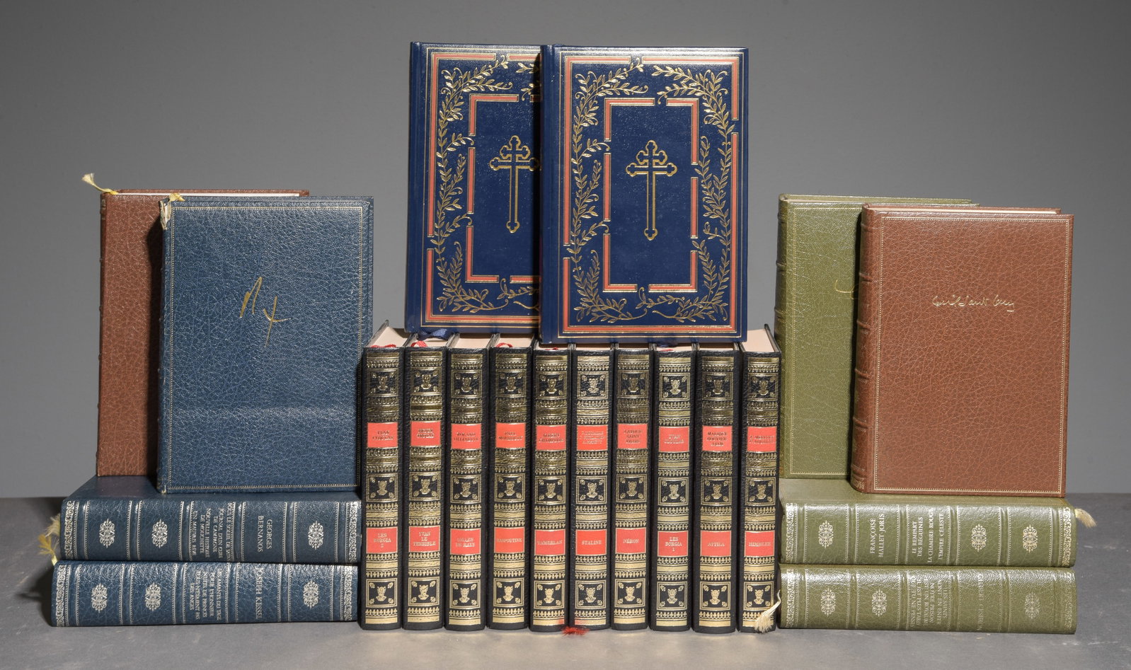 20 Assorted European Leather Bound Books: 20 Assorted European Leather Bound Books - 8.5 in tall x 6 x 2