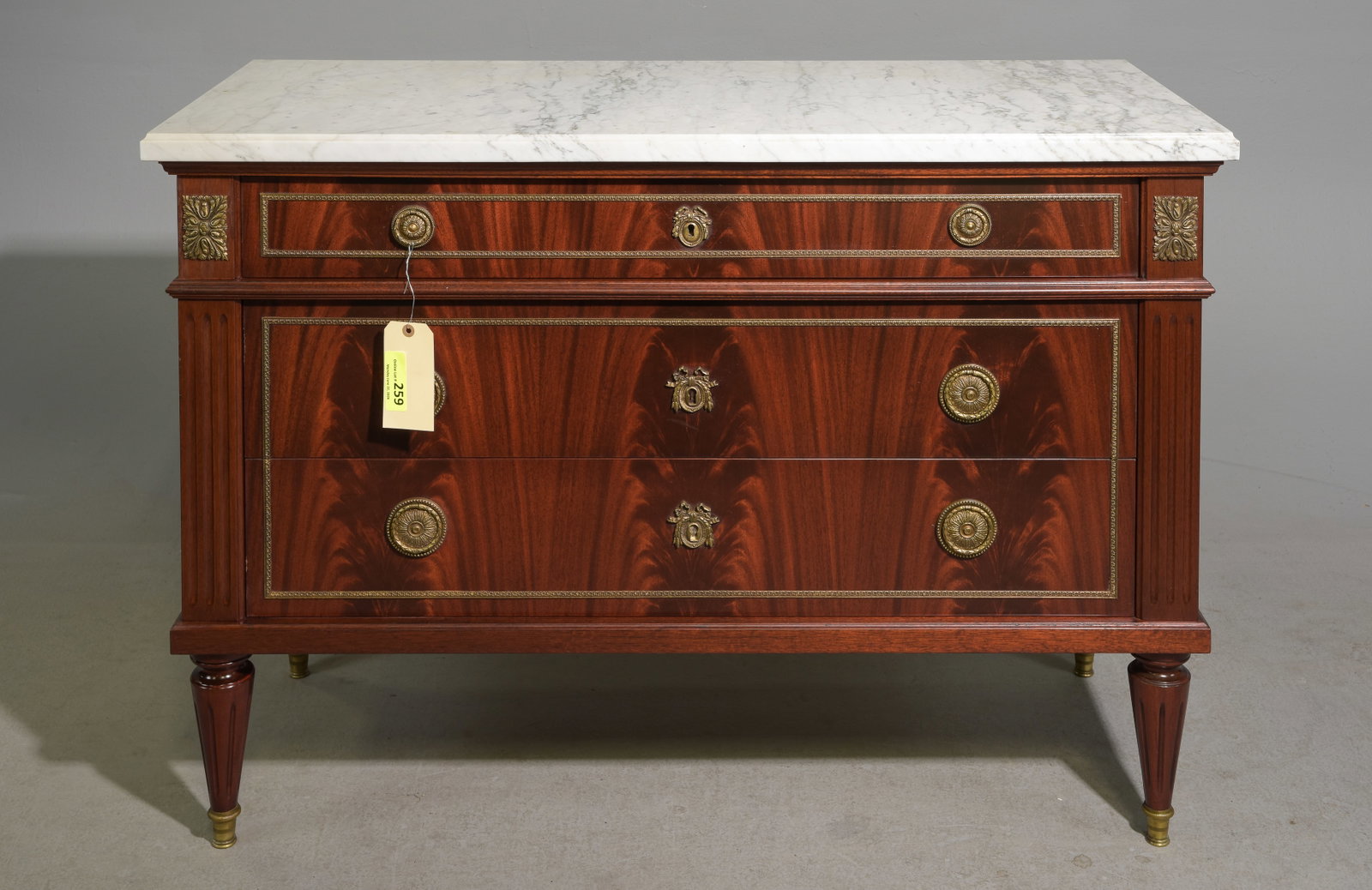 Louis XVI Style White Marble Top Chest: French Louis XVI Style White Marble Top Mahogany Three Drawer Chest - 33.5 in tall x 47.25 x 19.75