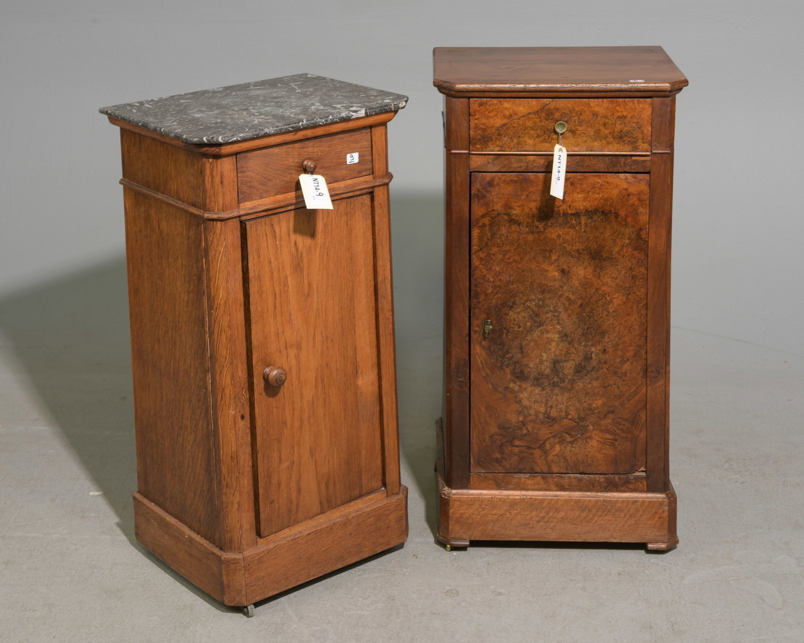 2 French Nightstands / Occasional Cabinets: 2 French Nightstands / Occasional Cabinets - One is marble top - 31 in tall x 16 x 13 and 29.5 in tall x 16 x 13