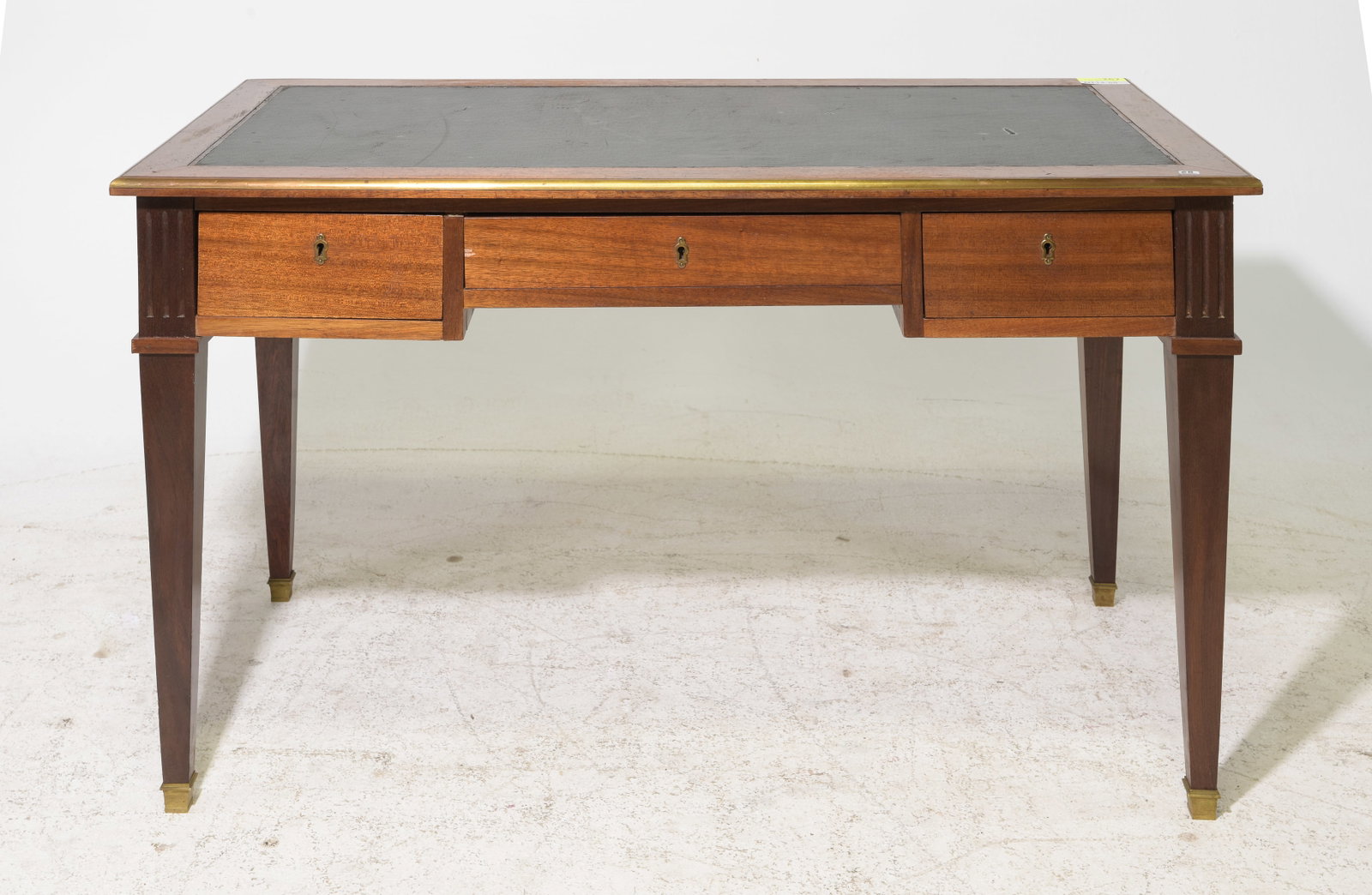 Louis XVI Style Mahogany Leather Top Desk: French Louis XVI Style Mahogany Leather Top Desk - 30 in tall x 50.25 x 26.75, Kneehole is 23.75 inches from the floor to under by 19.25, The total space between the legs is 43 inches