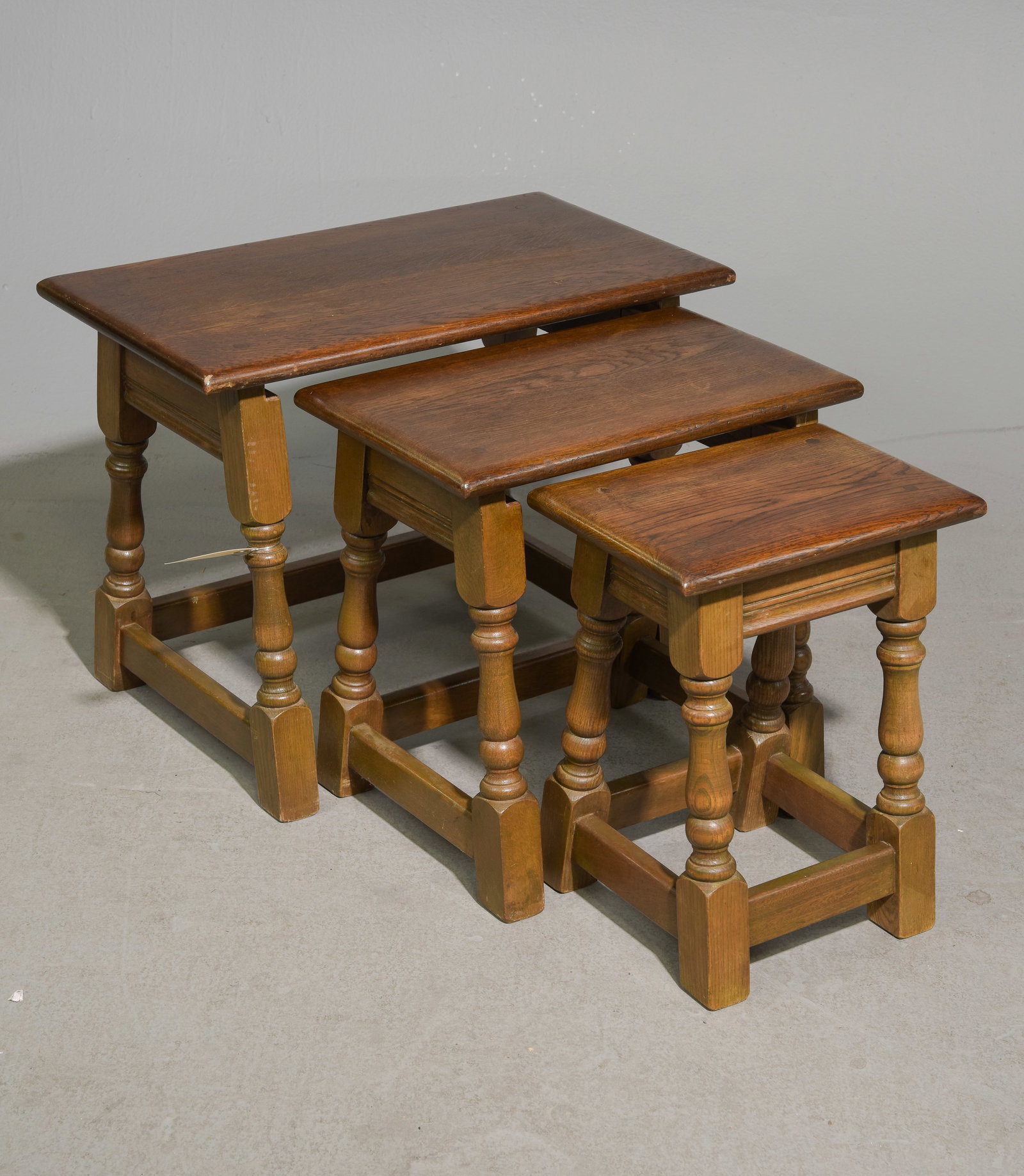 British Oak Nest of Three Tables c.1940's-50's #1: British Oak Nest of Three Tables c.1940's-50's - 18 in tall x 24 x 13, 16.5 in tall x 17.5 x 10.5 and 15.5 in tall x 12.5 x 8.5