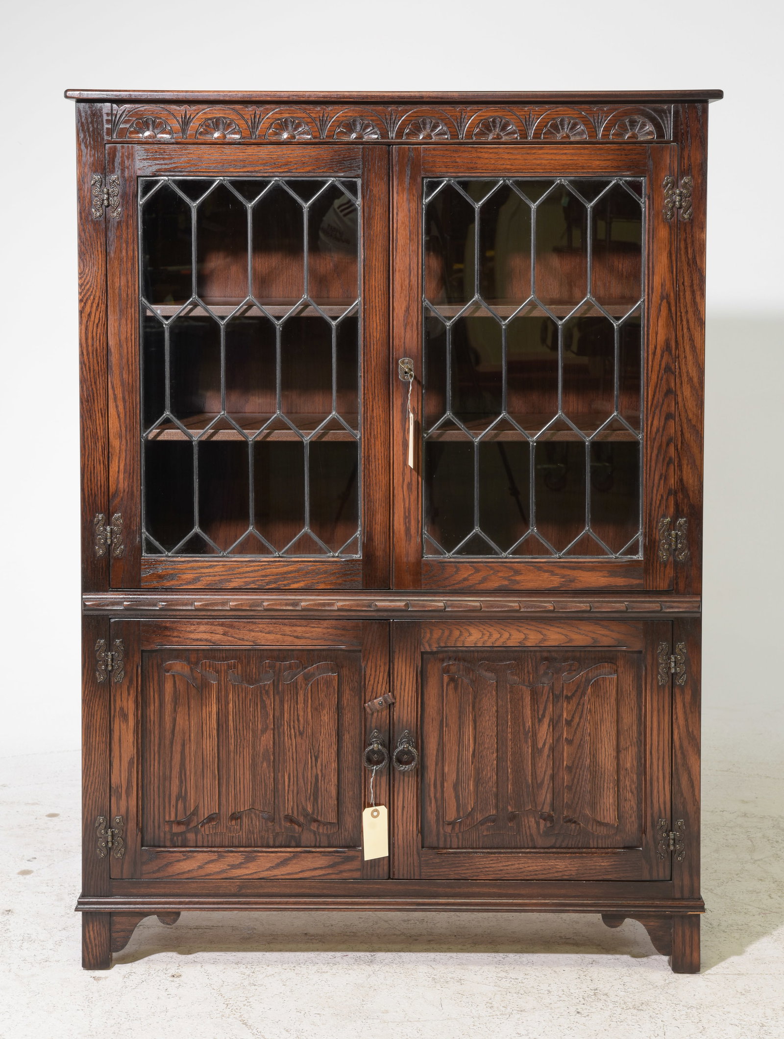 British Oak Leaded Glass Bookcase / Cabinet: British Oak Leaded Glass Bookcase / Cabinet c.1940's-50's - 53.25 in tall x 38.5 x 13.25