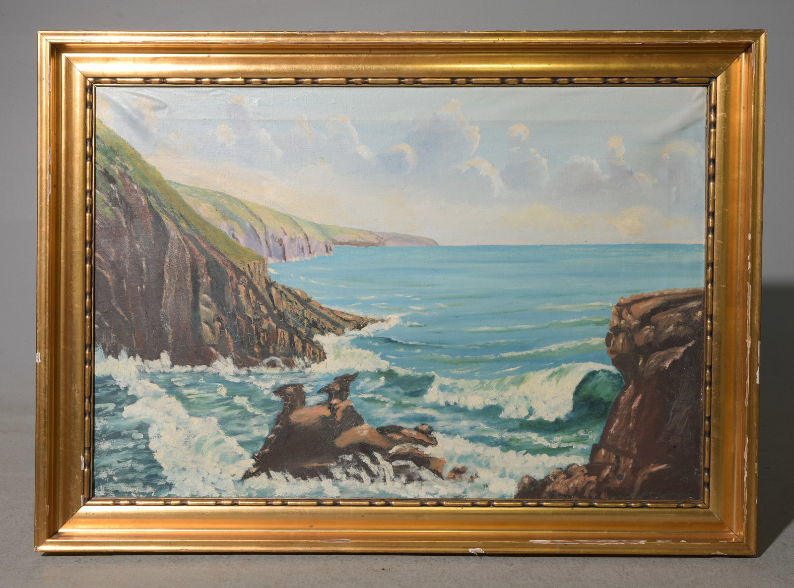 Gold Framed Oil On Canvas - Coastal Scene: Gold Framed Oil On Canvas - Coastal Scene - 26.5 in tall x 36.75 x 1.5, art itself is 22 in x 32 in