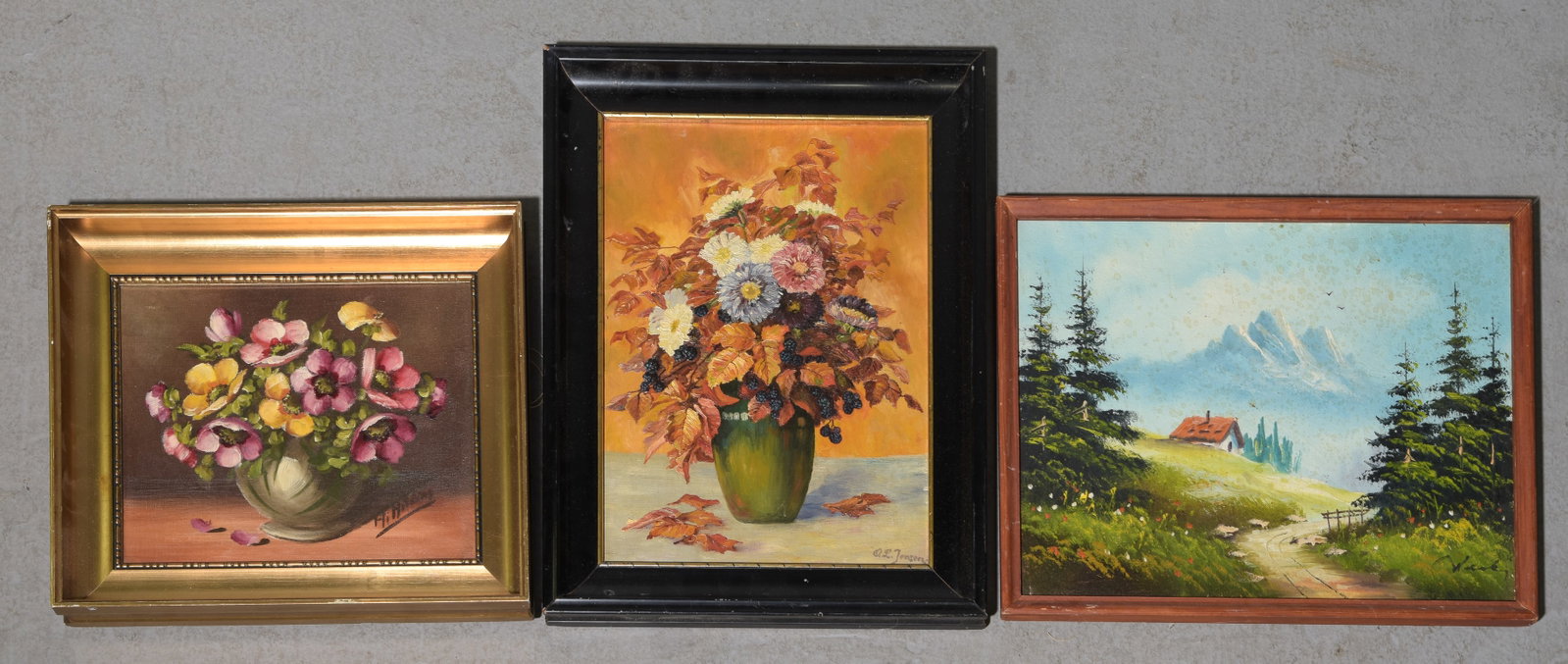 2 Assorted Framed Oil On Canvas & Framed Oil On Board: 2 Assorted Framed Oil On Canvas & Framed Oil On Board - 17 in tall x 13.5 x 1.5, 12.5 in tall x 16.5 x 1, 12 in tall x 14 x 2