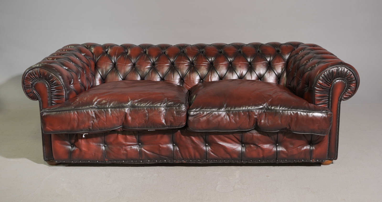 British Red Leather Button Tufted Two Seater Sofa (1 of 6)
