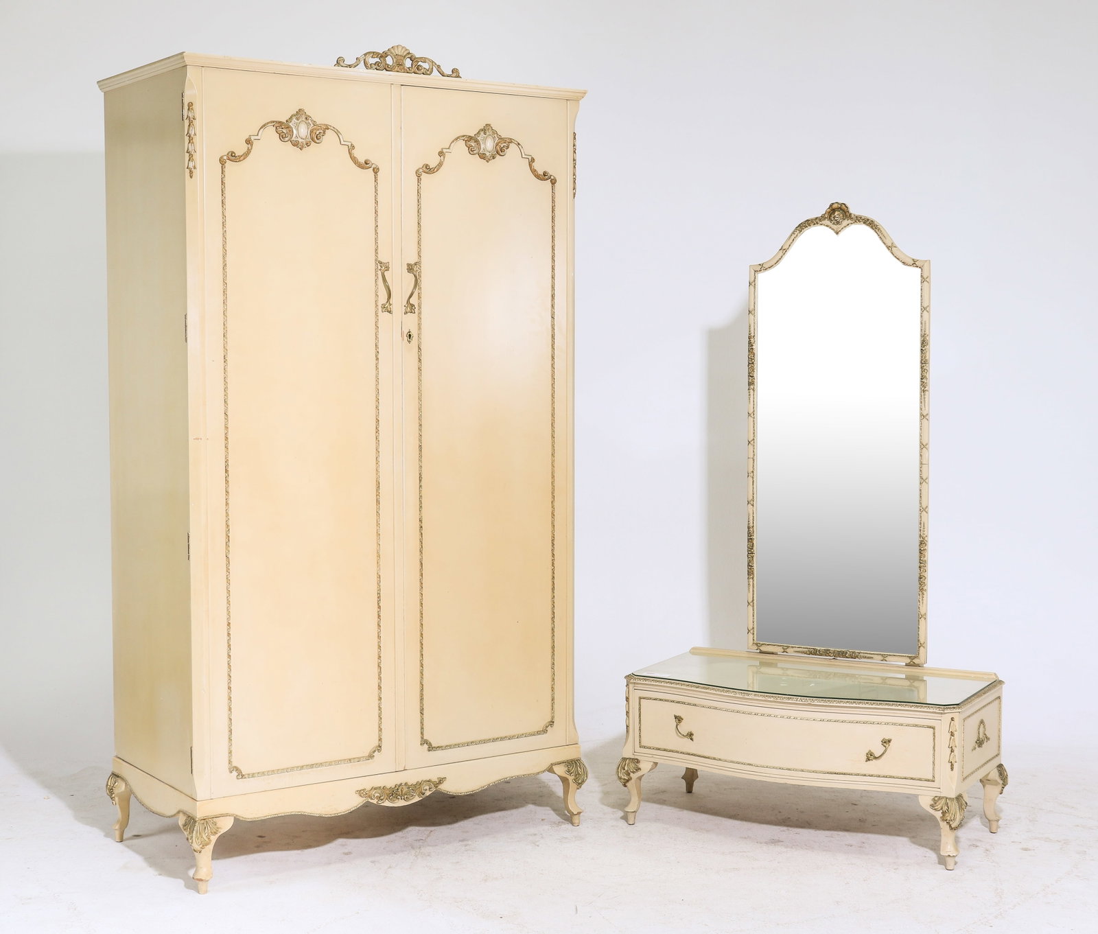 British Painted Double Door Robe & Dressing Stand: British Painted Double Door Robe & Dressing Stand - Robe is 78 in tall x 43 x 22.5, Dressing Stand is 65 in tall x 36 x 18