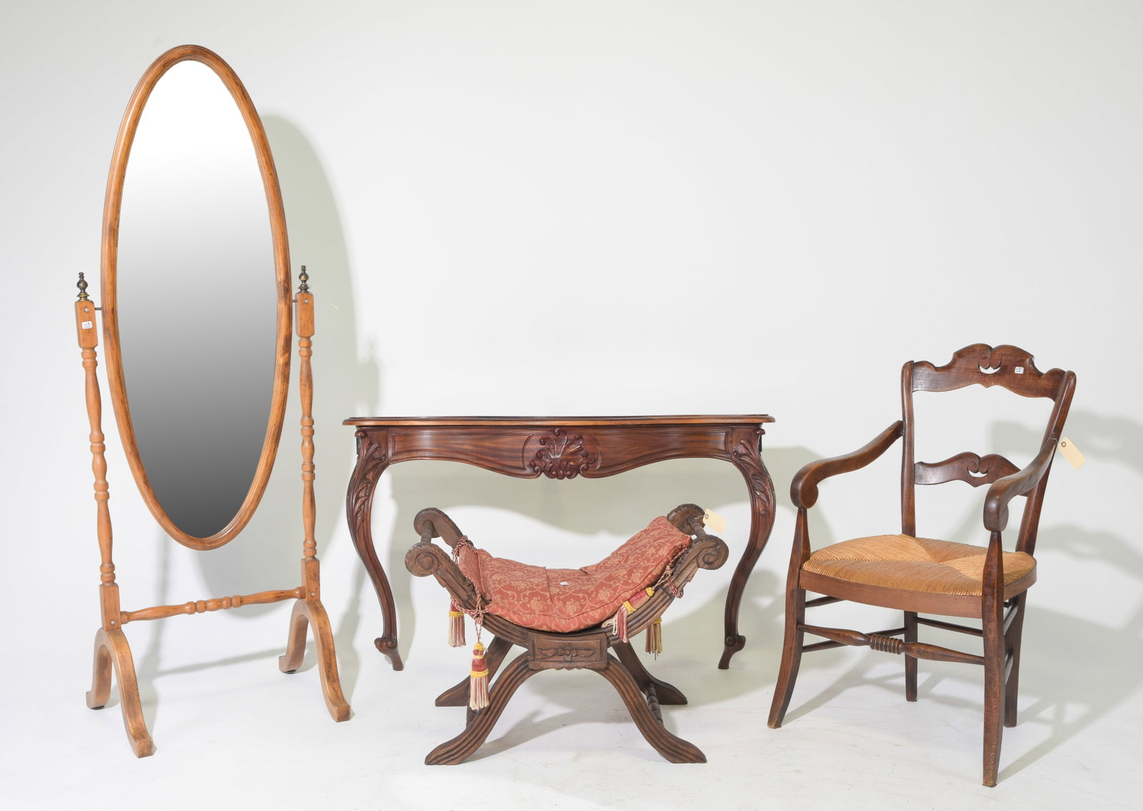 4pcs - French Cheval Mirror, Console, Etc.: 4pcs - French Cheval Mirror, Console, Oak Arm Chair with Rush Seat and a stool / bench - 66 in tall x 23 x 18, 28 in tall x 44.5 x 12, 37 in tall x 21 x 22 with a seat height of 16 inches and 21 in