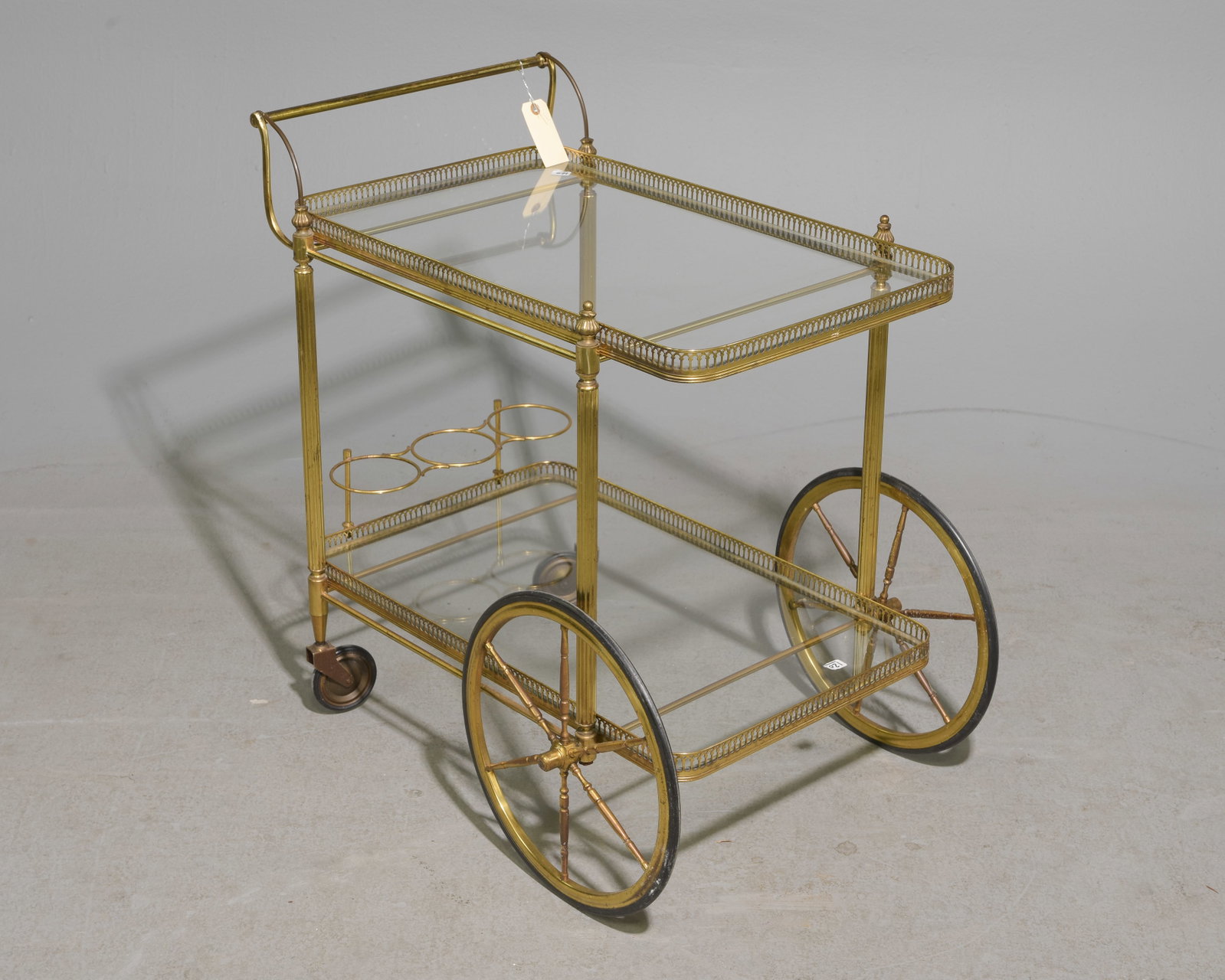 French Brass & Glass Two Tier Trolley / Cart: French Brass & Glass Two Tier Trolley / Cart - 22 in tall x 16 x 26