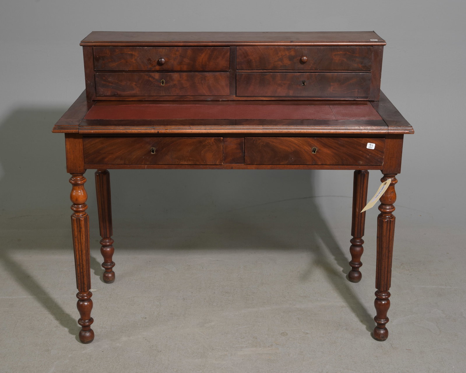 Napoleon III Style Mahogany Writing Table / Desk: French Napoleon III Style Mahogany Writing Table / Desk - 35.5 in tall x 39 x 20, Floor to under is 22 inches and the space between the legs is 34 inches