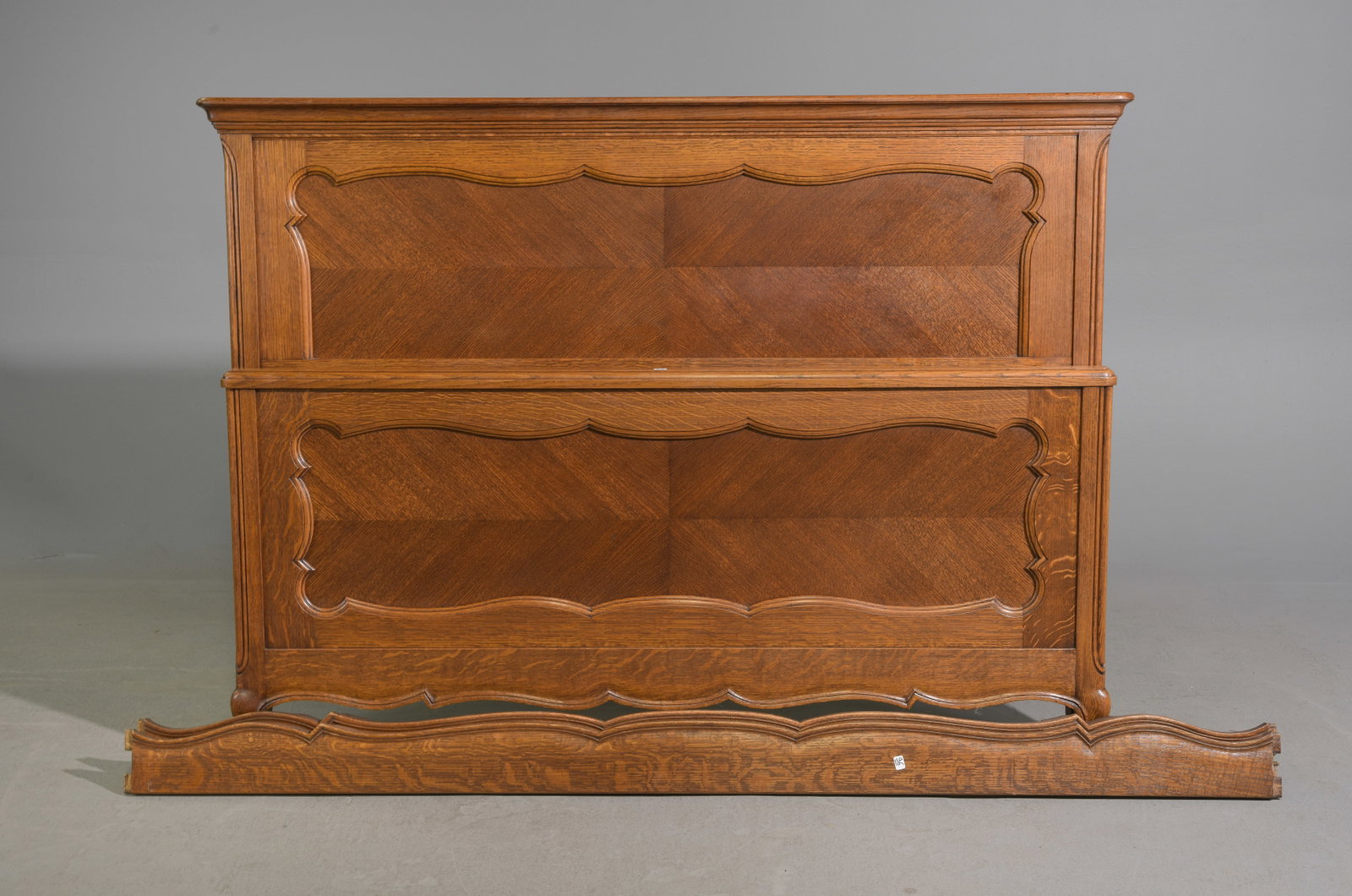 Louis XV Style Oak Bed with Rails: French Louis XV Style Oak Bed with Rails - Headboard is 45 in tall x 61.5 x 3.5, Rails are 74 inches long each - This bed is a European size which can usually be converted to an American size by