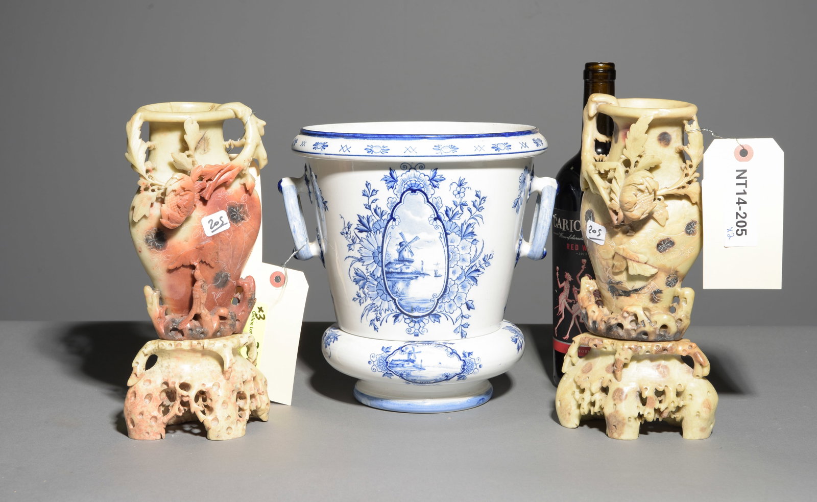 French Blue & White Chiller / Planter & 2 Stone Vases: French Blue & White Chiller / Planter & 2 Hand Carved Stone Vases - 9.75 in tall x 9.5 x 9.25 and 11 in tall x 5.25 x 3