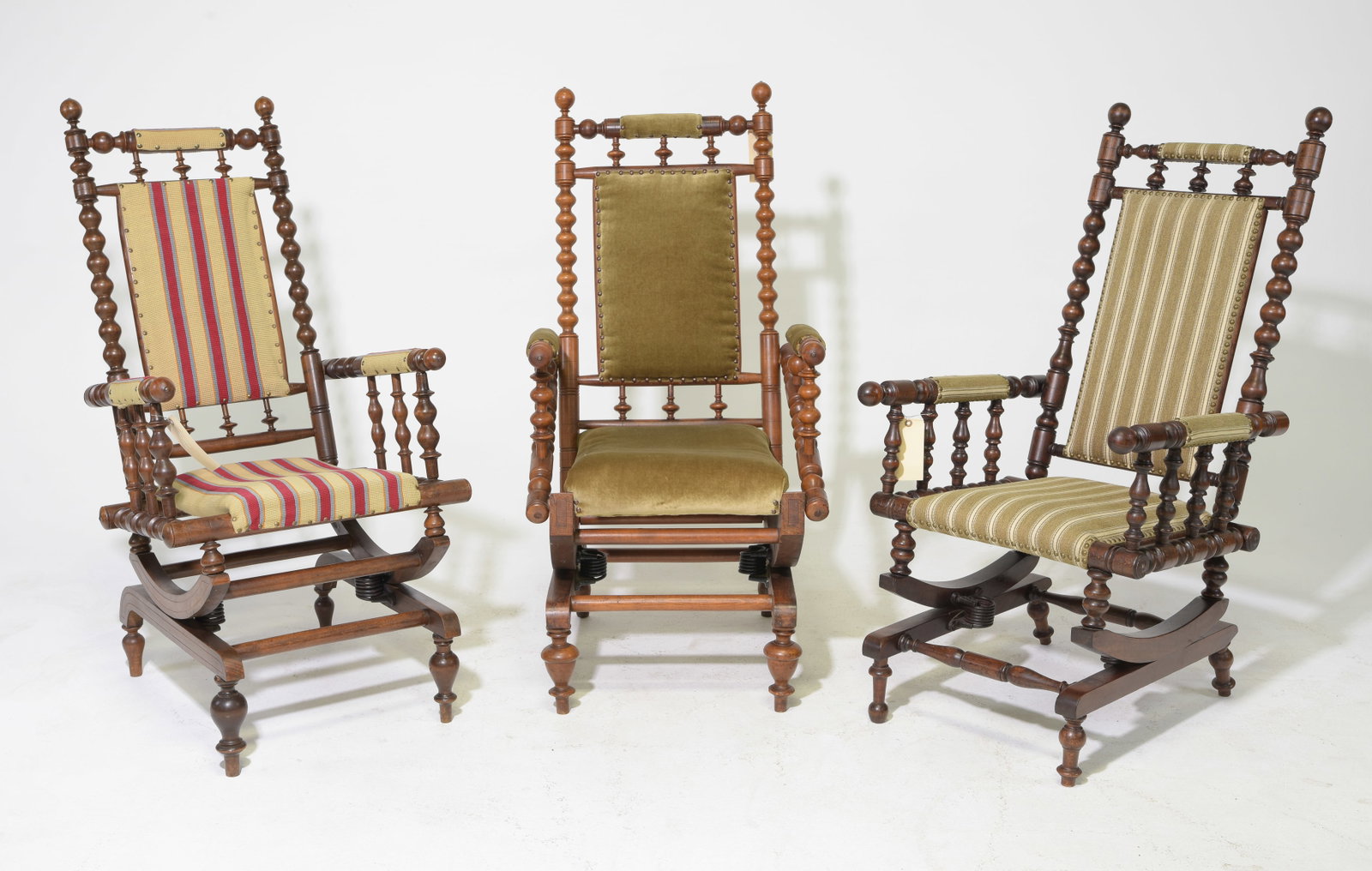 Three Assorted Bobbin Rocking Chairs: Three Assorted Bobbin Rocking Chairs - 45 in tall x 23 x 26 with a seat height of 19 inches, 44 in tall x 23 x 28 with a seat height of 17 inches and 45.5 in tall x 22 x 25 with a seat height of 18