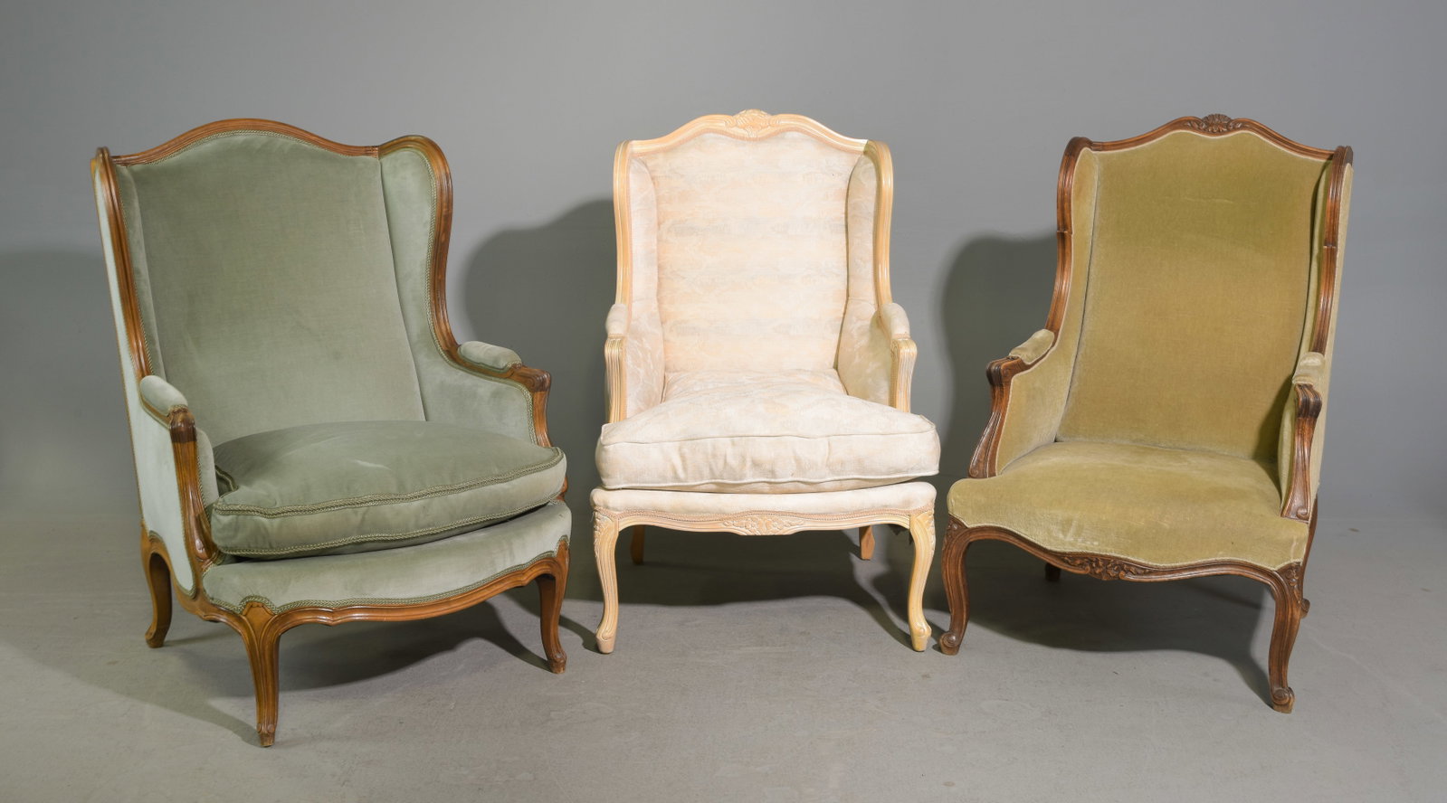 Three Assorted French Wing Back Arm Chairs: Three Assorted French Wing Back Arm Chairs - 42 in tall x 30 x 33 with a seat height of 18 inches, 42 in tall x 27 x 28 with a seat height of 20 inches and 42 in tall x 27 x 28 with a seat height of
