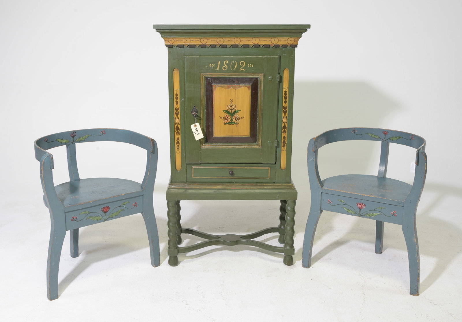 Swedish Painted Hall Cabinet & 2 Chairs: Swedish Painted Hall Cabinet & 2 Chairs - 47 in tall x 28 x 14, The chairs are 27 in tall x 21.5 x 15 each with a seat height of 17 inches