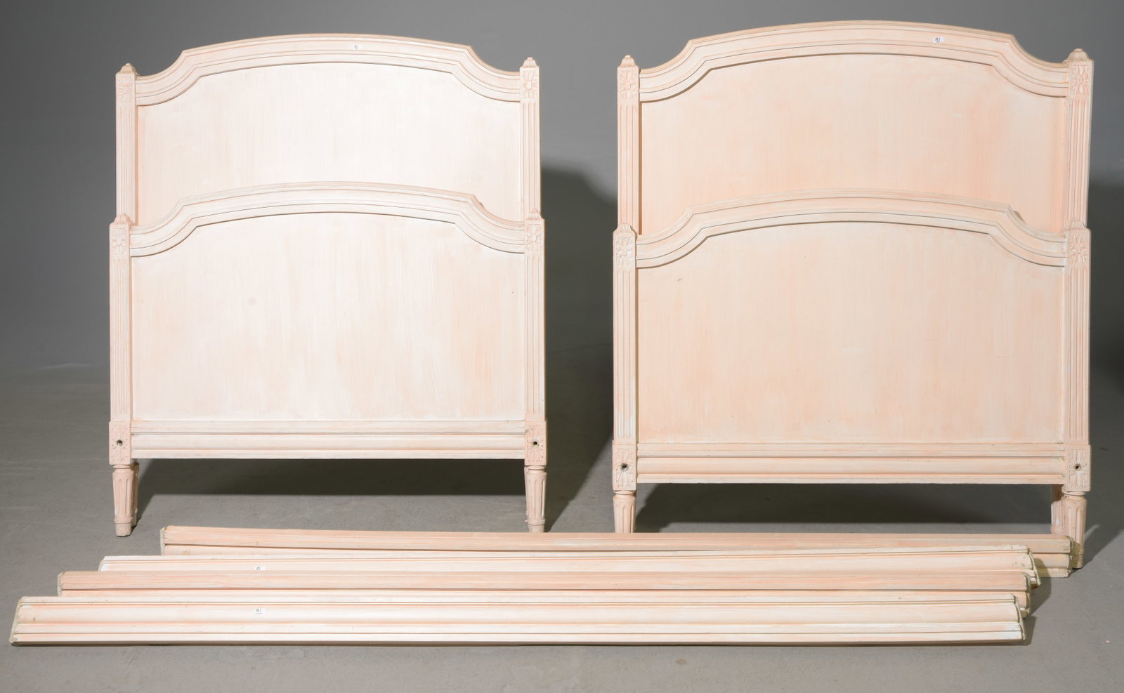 2 Louis XVI Style Painted Beds with Rails: French Louis XVI Style Pair of Painted Beds with Rails - Headboards are 45.5 in tall x 39 x 2, Rails are - This bed is a European size which can usually be converted to an American size by removing