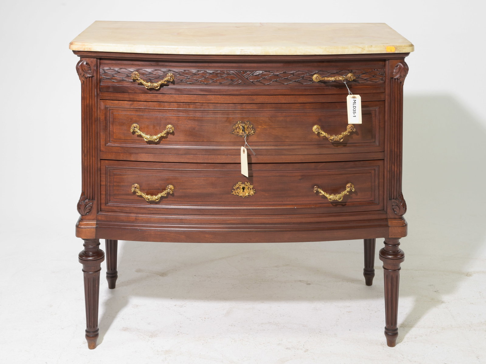 Louis XVI Style Marble Top 3 Drawers Chest: French Louis XVI Style Marble Top 3 Drawers Chest - 35.75 in tall x 38.25 x 20.75