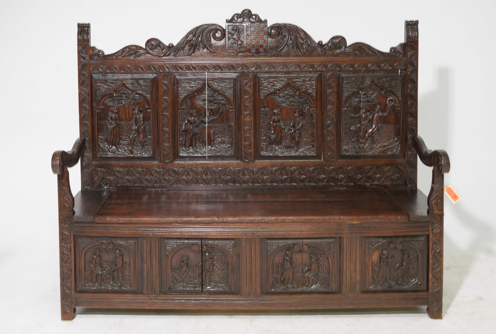 Renaissance Style Gothic Carved Oak Hall Bench: French Renaissance Style Carved Oak Hall Bench Featuring full figural / Personage Relief panels - 51.75 in tall x 53.25 x 21, seat height is 17.75 in