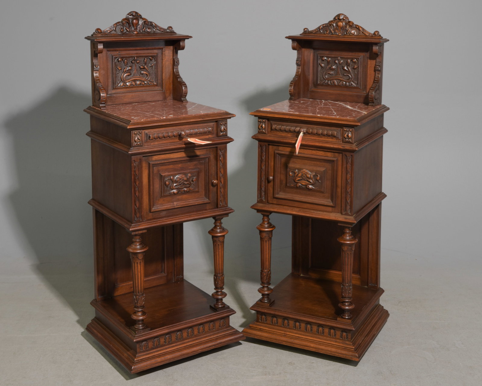 2 Henri II Style Inset Marble Top Walnut Nightstands (1 of 6)
