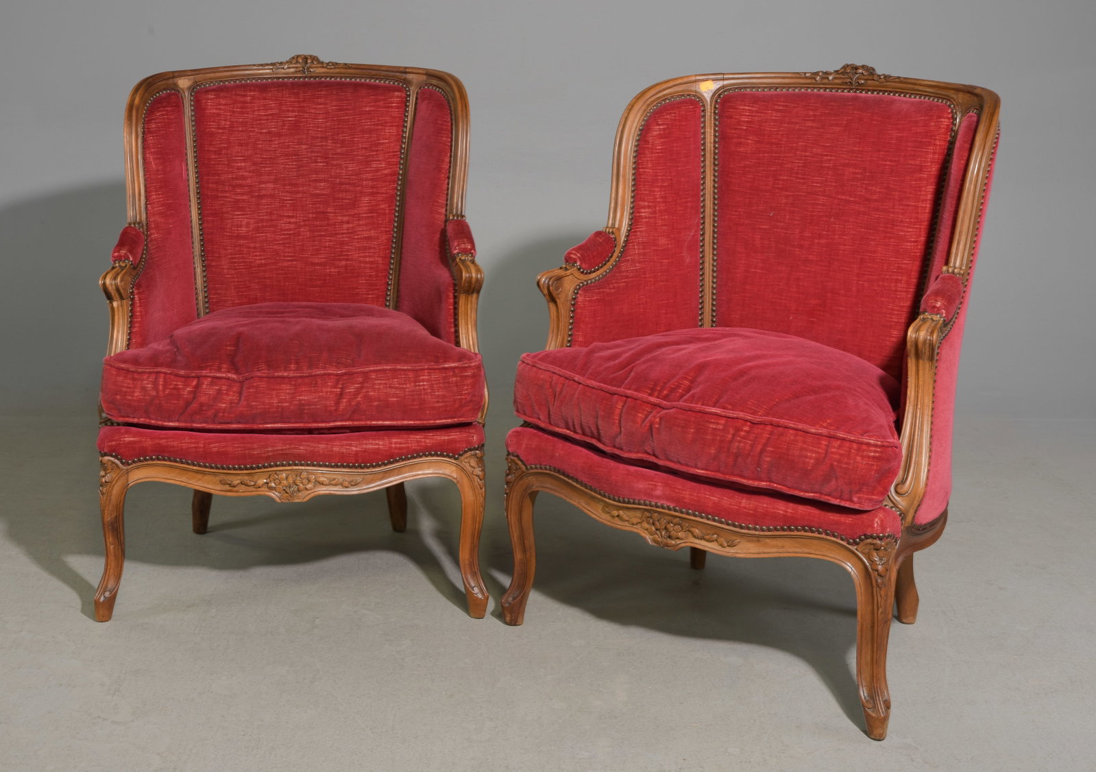 Louis XV Style Pair of Walnut Arm Chairs: French Louis XV Style Pair of Walnut Arm Chairs - 38.75 in tall x 28.25 x 21.75 each with a seat height of 18 inches
