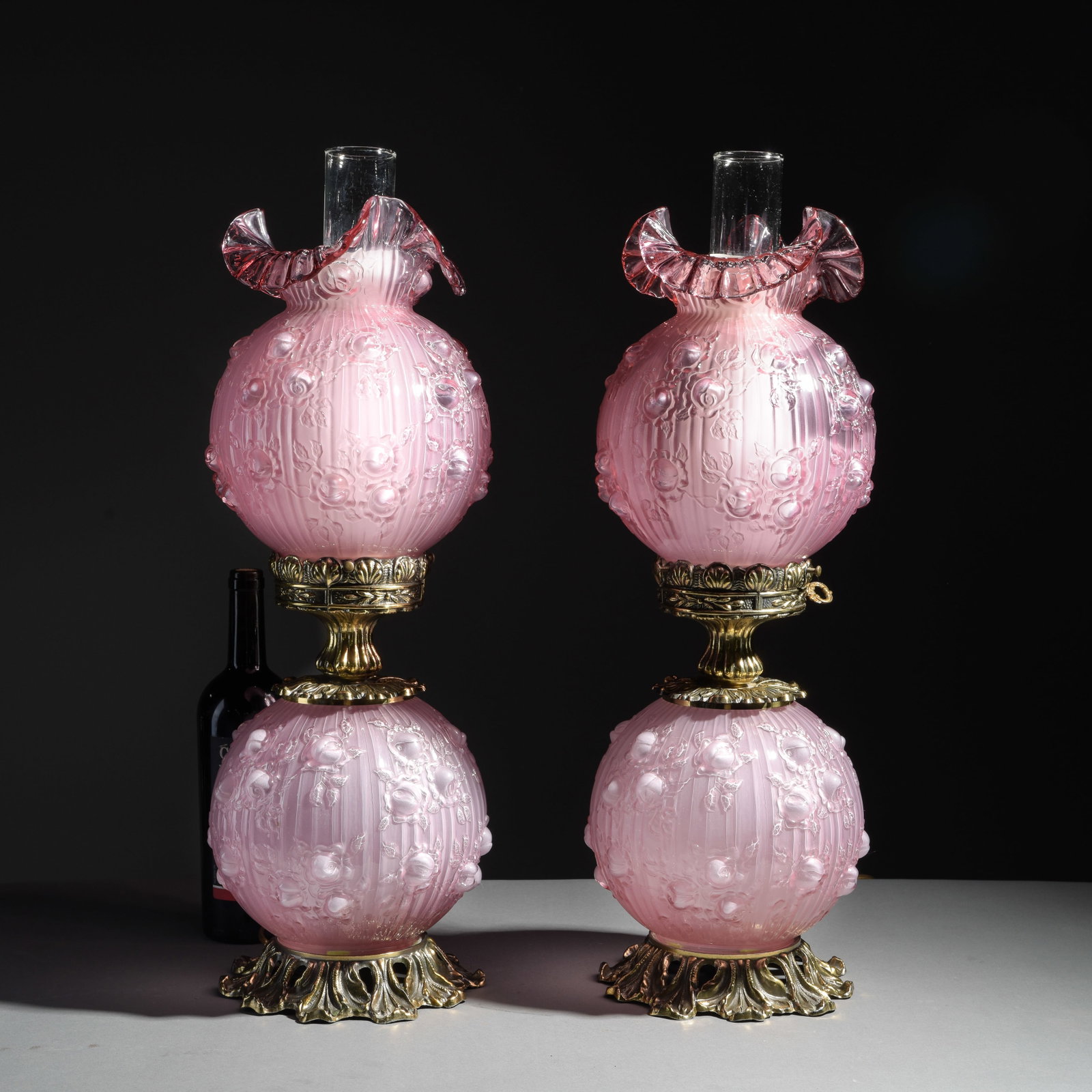 Fenton Pair of Lavender Cabbage Rose Lamps: Fenton Pair of Lavender Cabbage Rose "Gone with The Wind" Hurricane Lamps with Ruffled Tops - 24.5 in tall x 8.5 x 8.5 each