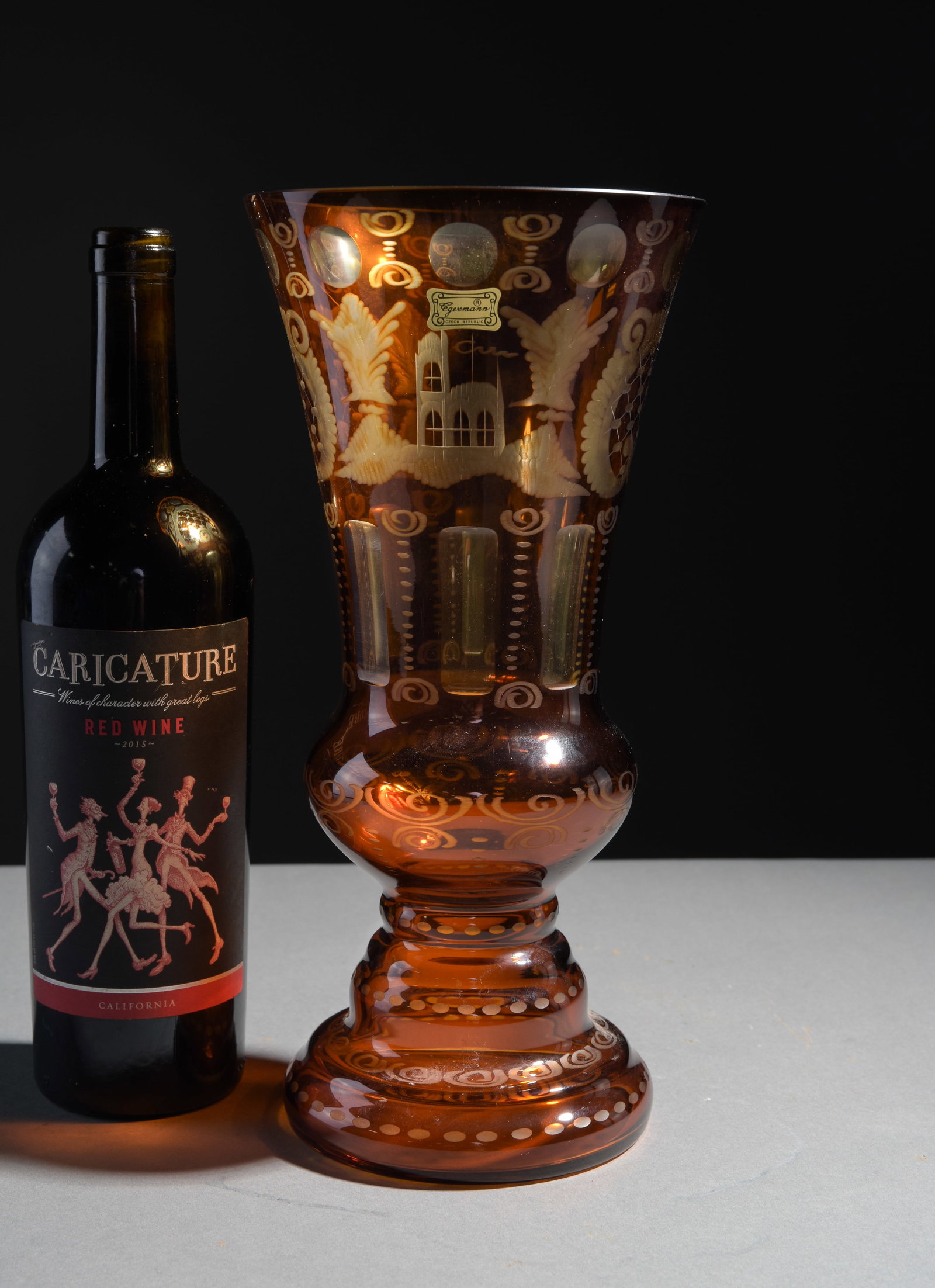 Bohemian Amber Cut Glass Vase - Egermann: Bohemian Amber Cut Glass Vase by Egermann - 12 in tall x 6 inch diameter
