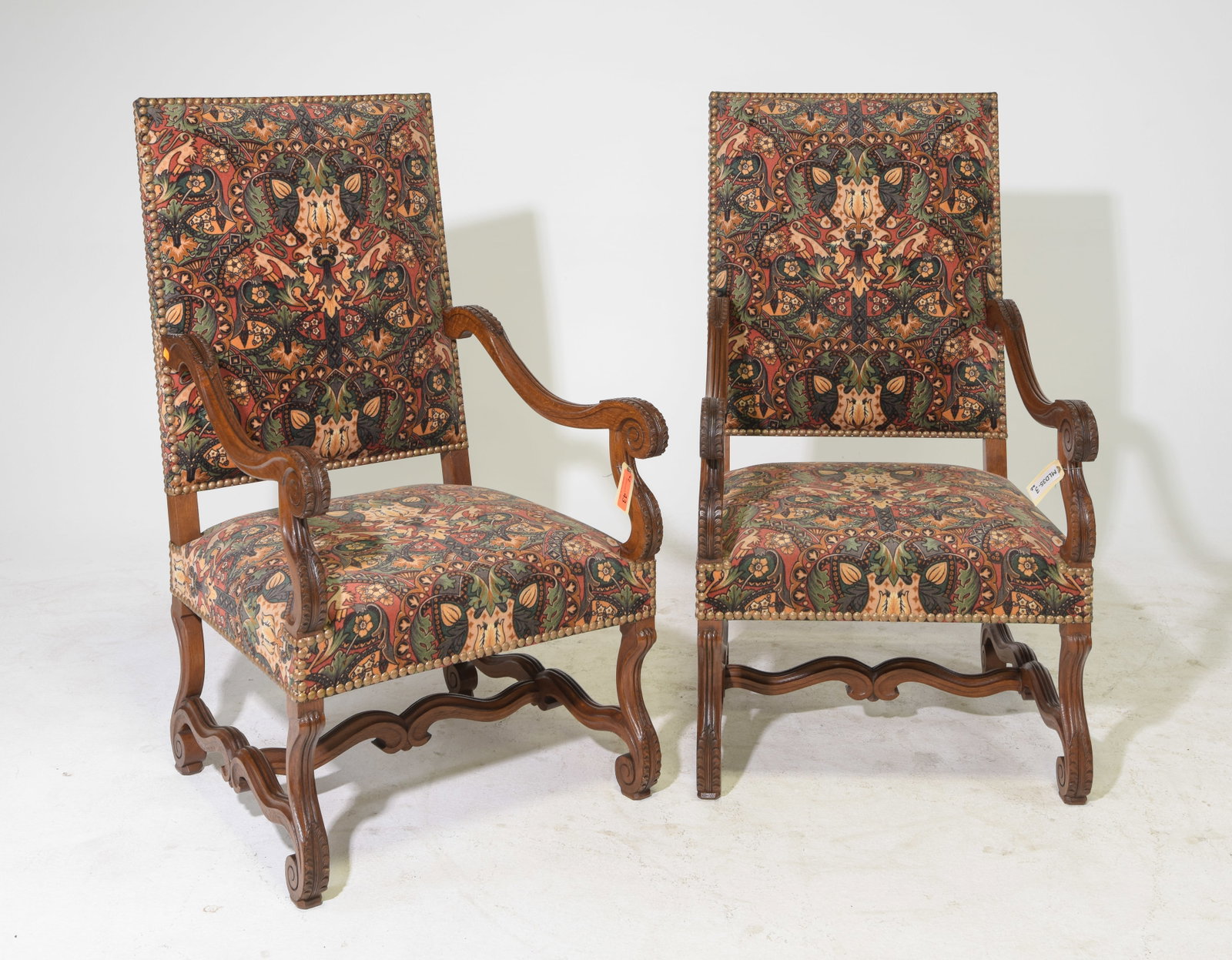 French Pair of Upholstered Oak Fireside Arm Chairs: French Pair of Upholstered Oak Fireside Arm Chairs - 45.5 in tall x 25 x 30 each with a seat height of 17.5 inches