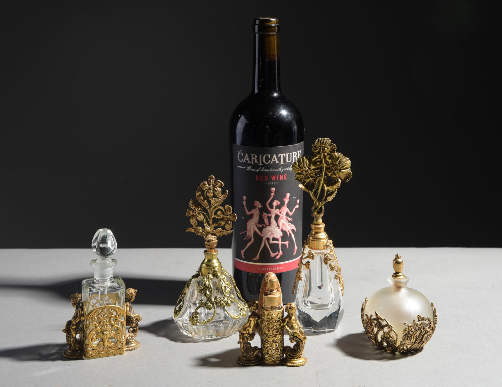 5 Vintage Glass & Gilded / Gold Metal Perfume Bottles (1 of 6)