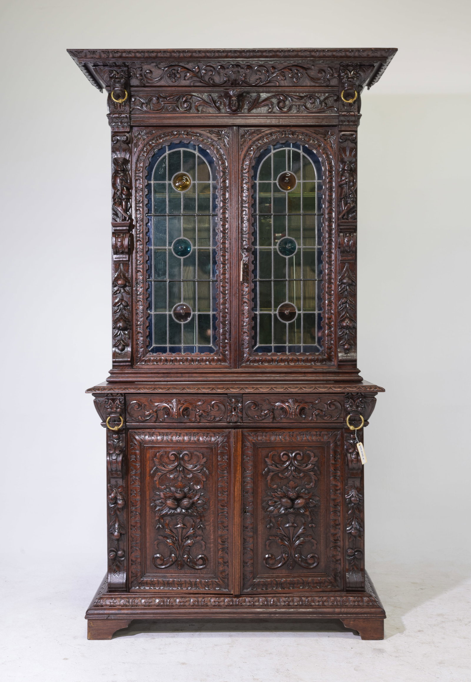 Renaissance Style Carved Oak Stained Glass Cupboard: French Renaissance Style Finely Carved Oak Stained Glass Cupboard - 88.75 in tall x 50.5 x 22.5