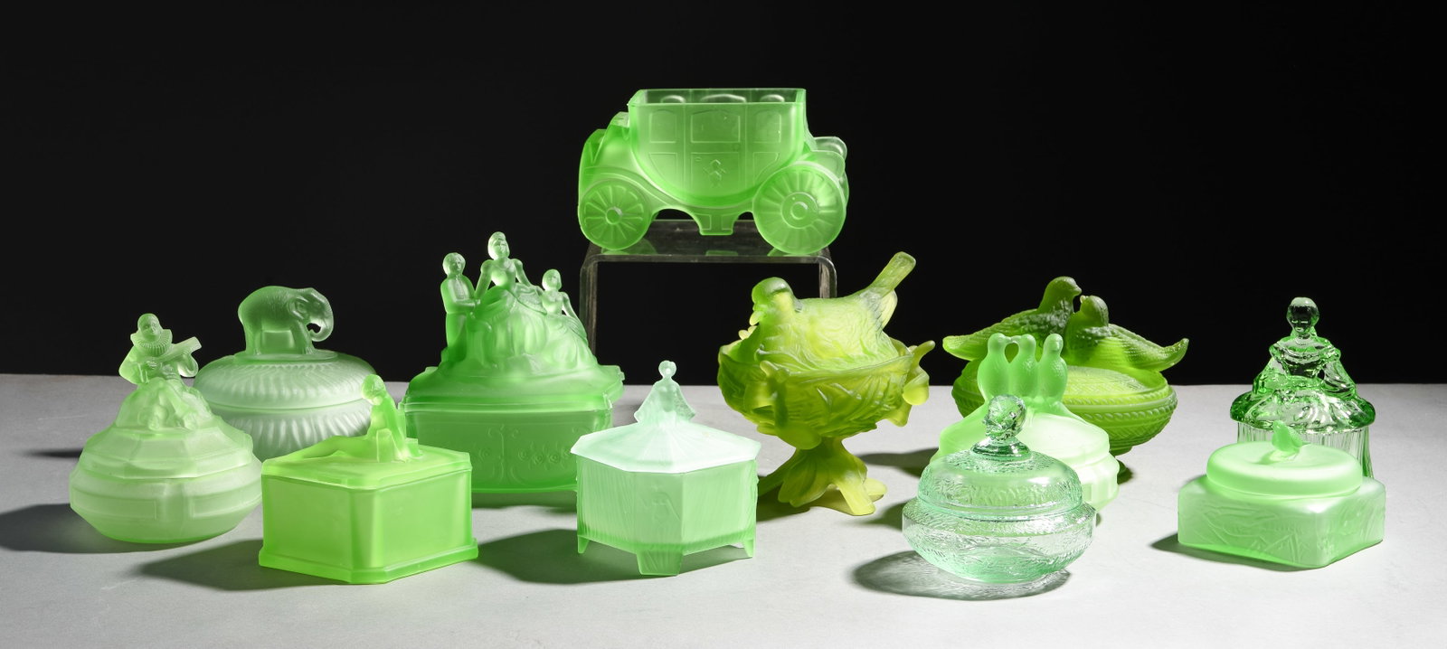 12 Green Satin / Vasseline Glass Candy Dishes: 12 Green Satin / Vasseline Glass Candy / Powder Dishes - Largest is 6.5 in tall x 5.5 x 4
