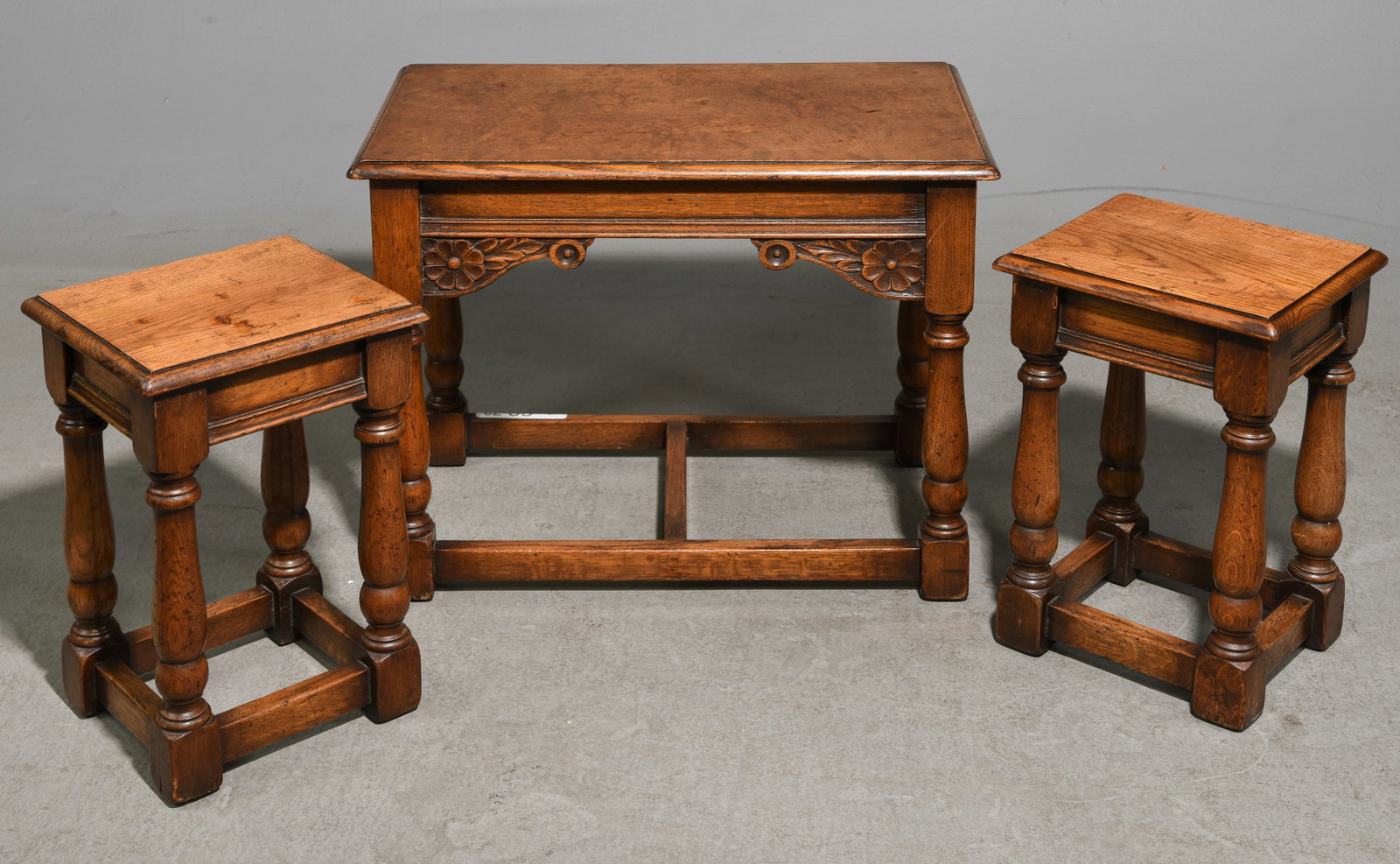 British Oak Nest of Three Tables c.1930's-40's #2: 20 in tall x 24 x 15 and the small ones are 17.5 in tall x 11 x 10 each
