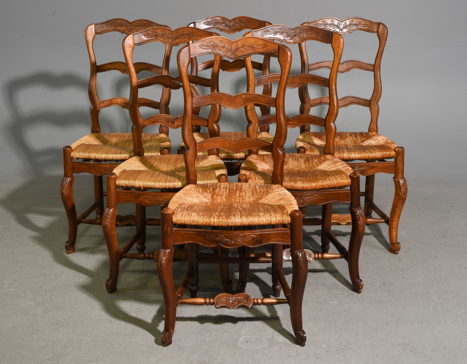 Louis XV Style Set of 6 Oak Rush Seat Chairs: French Louis XV Style Set of 6 Oak Rush Seat Chairs - 38 in tall x 17.5 x 16.5 each with a seat height of 17.5 inches