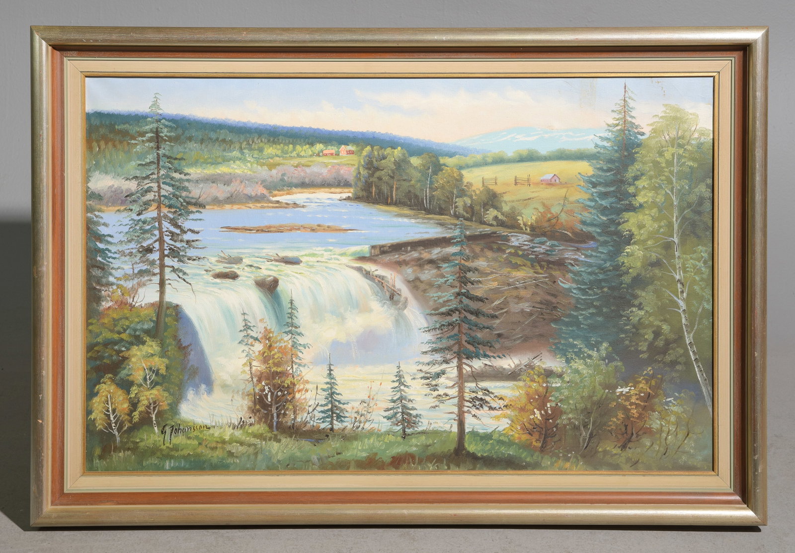 Swedish Framed Acrylic on Canvas Landscape: Swedish Framed Acrylic on Canvas Landscape - 30 in tall x 44 x 2.5, The work itself is 24 x 37.5