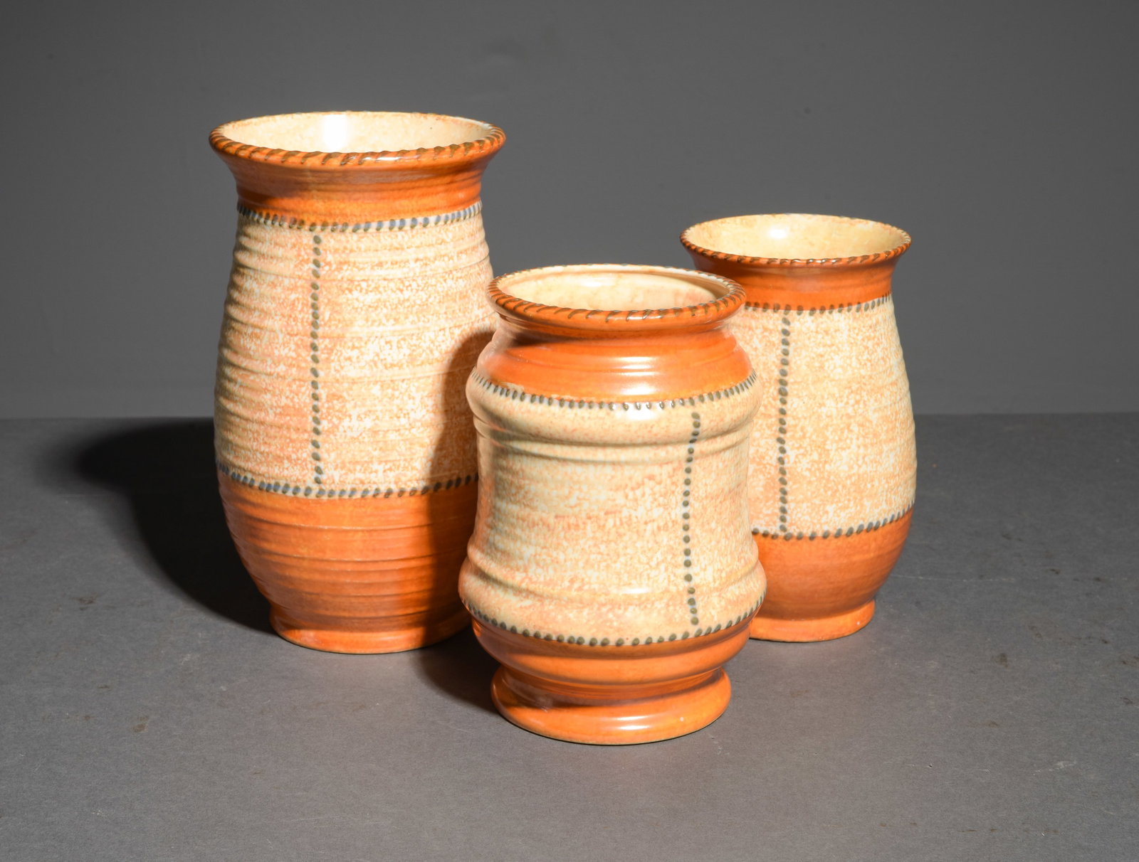 3pcs Charlotte Rhead Crown Ducal "Stitch" Pottery #1: 3pcs Charlotte Rhead Crown Ducal "Stitch" Pottery - Pitcher, Jug & Vase - Pitcher is 7.5 in tall x 7.25 x 5.25, Jug is 8 in tall x 7.25 x 6.5 and the vase is 6 in tall x 9.5 x 8
