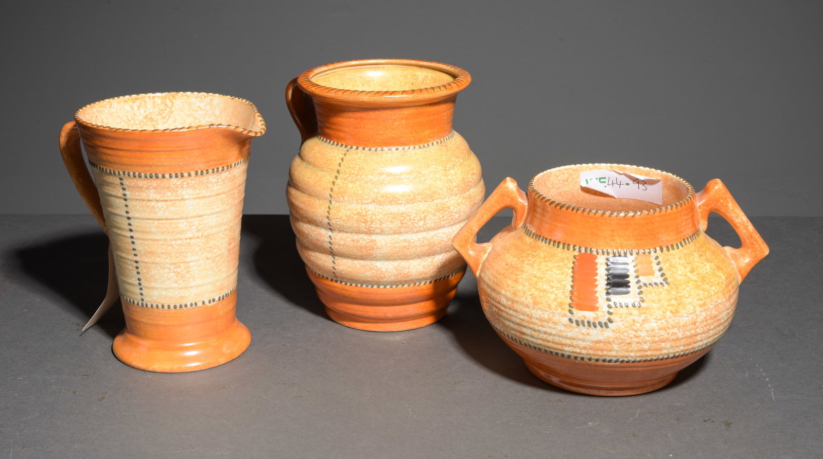 3pcs Charlotte Rhead Crown Ducal "Stitch" Pottery #2: 3pcs Charlotte Rhead Crown Ducal "Stitch" Pottery Vases - Tallest is 8.5 in tall x 5.25 inch diameter, The two smaller vases are 6.75 in tall x 4.5 inch diameter and 6.5 in tall x 5 inch diameter