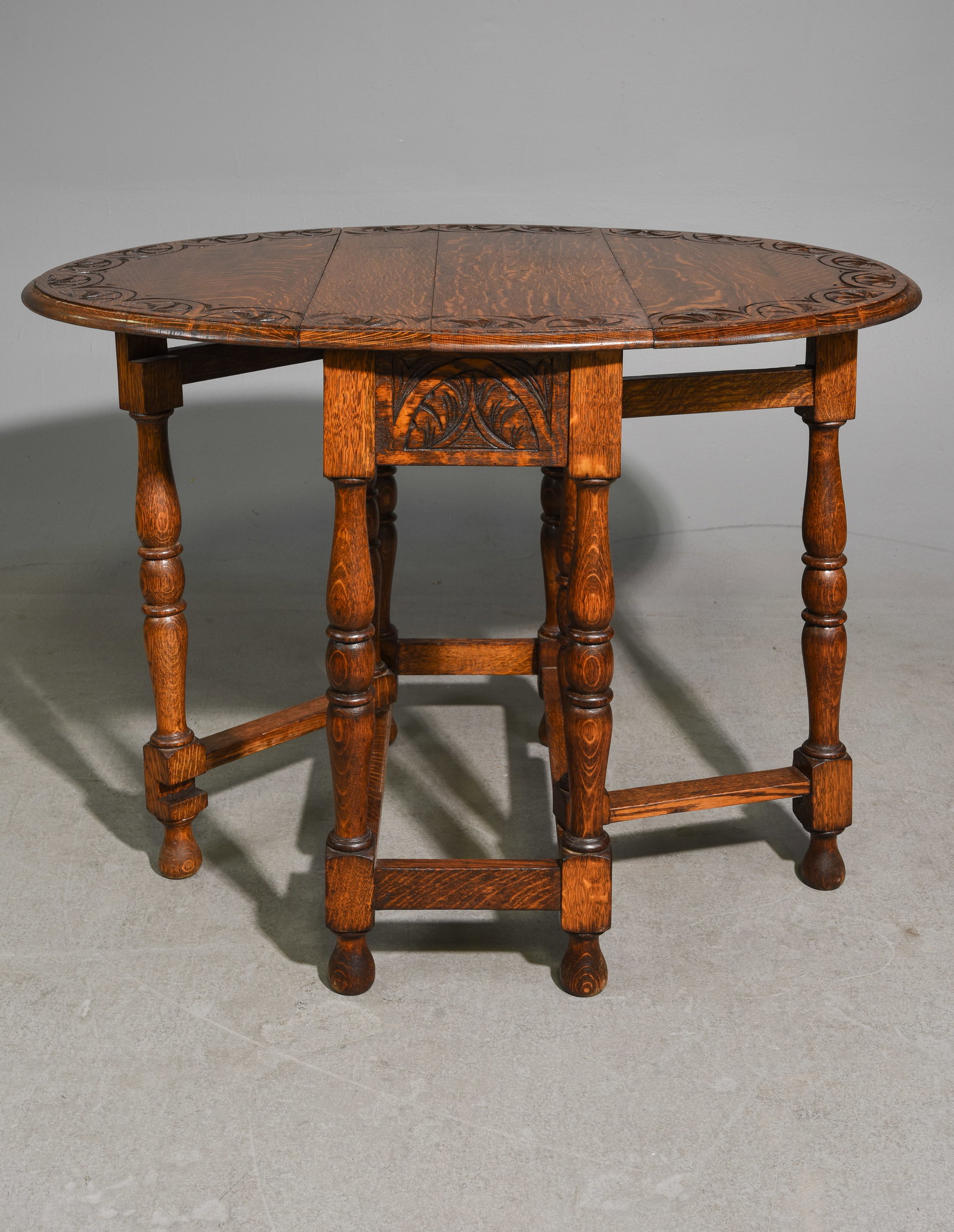 British Carved Oak Drop Leaf Table c.1930's - 2