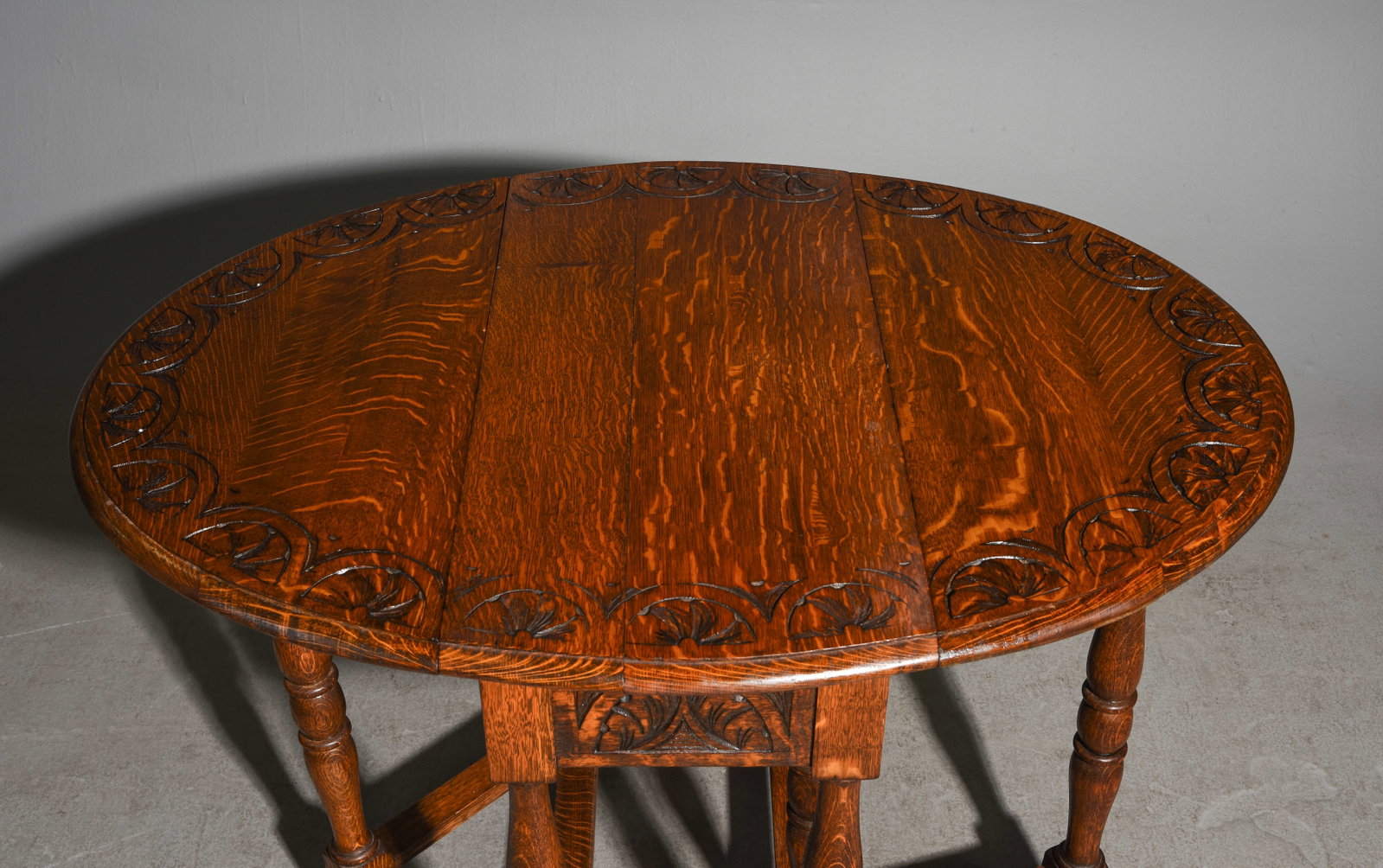 British Carved Oak Drop Leaf Table c.1930's - 3